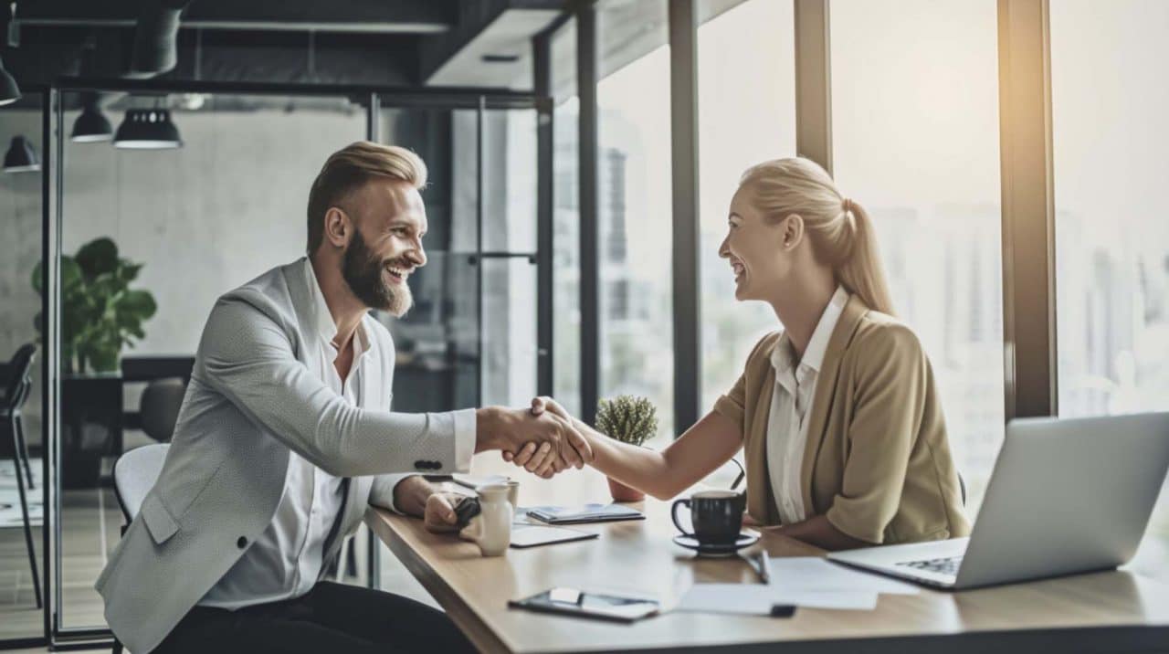 A professional man and woman shaking hands across a table, symbolizing a formal agreement or partnership.