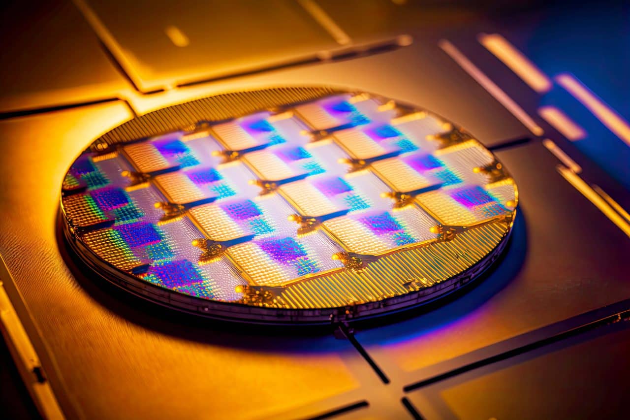 Macro shot of a computer chip on a wafer