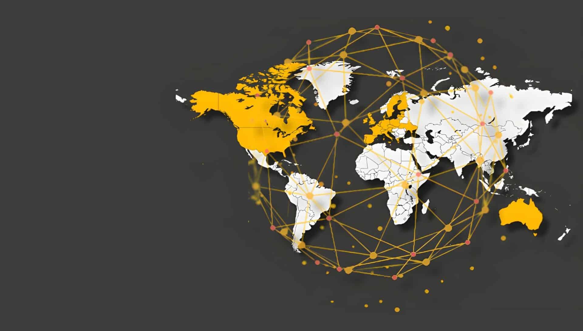 A world map with yellow dots and lines indicating connections and locations