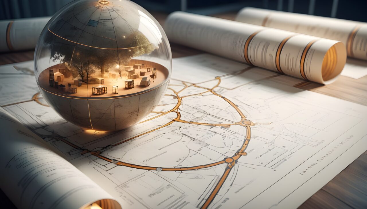 A glass sphere on a table with maps, representing exploration and knowledge
