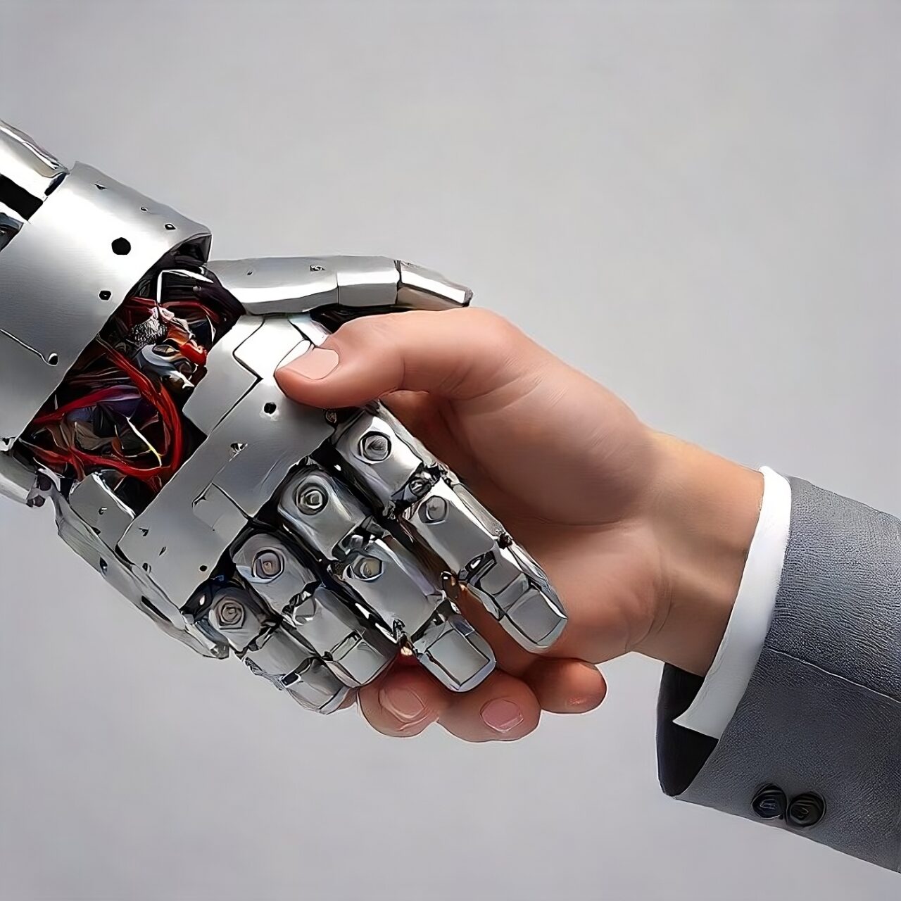 A robot hand shaking hands with a man in a suit, symbolizing collaboration between technology and business.