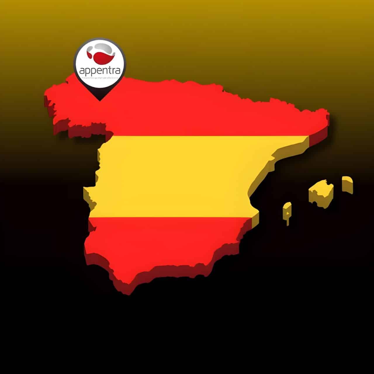 a map of Spain on a yellow & black background with Appentra logo presenting company's geo location
