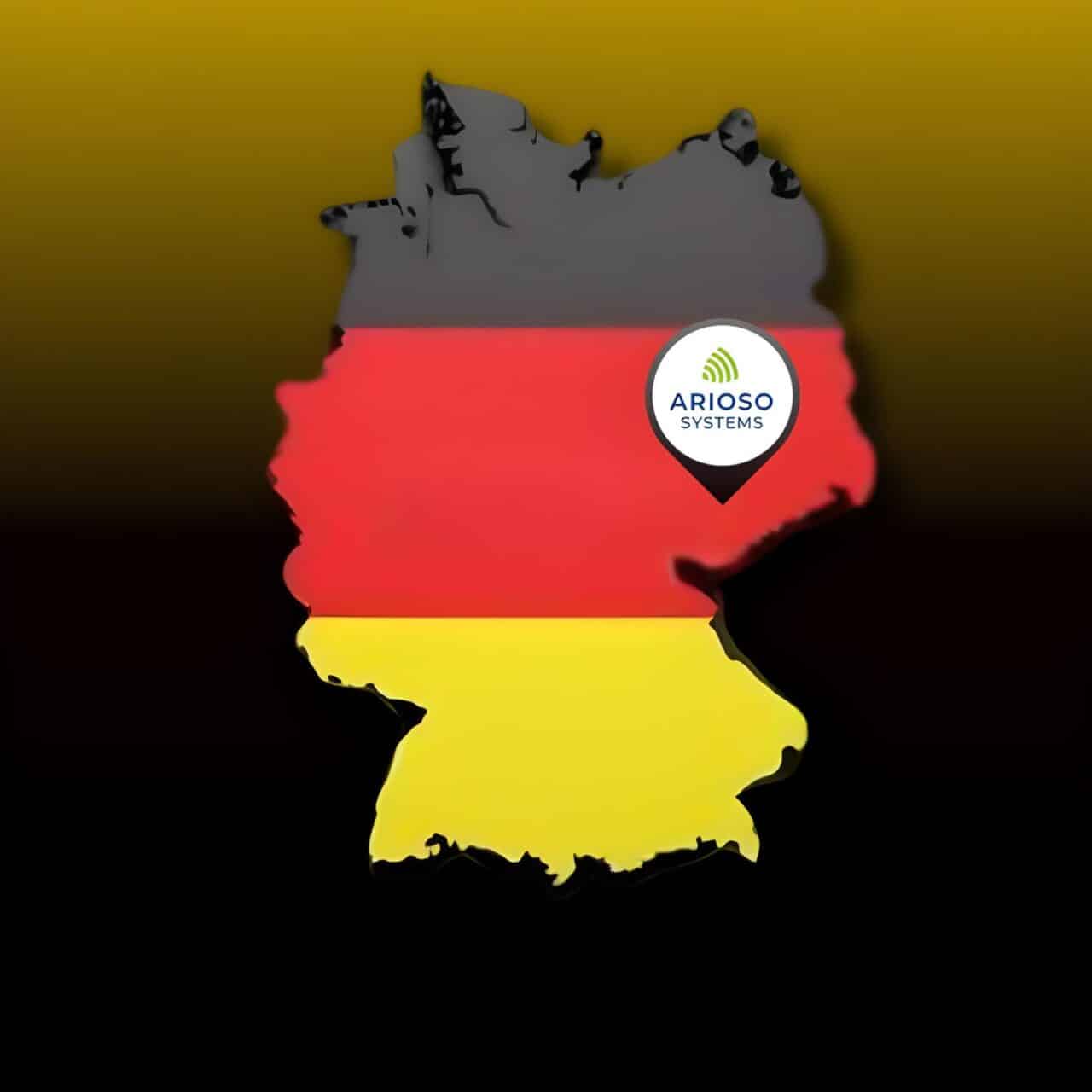 a map of Germany on a yellow & black background with Arioso logo presenting company's geo location
