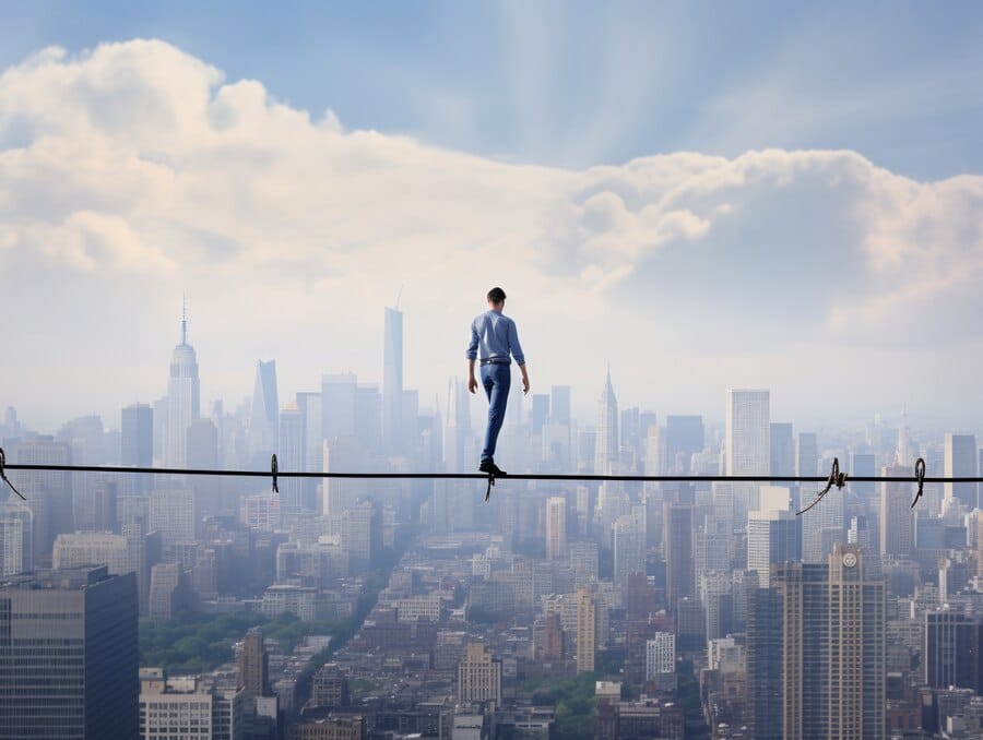A daring man defies gravity, walking on a tightrope high above a bustling cityscape