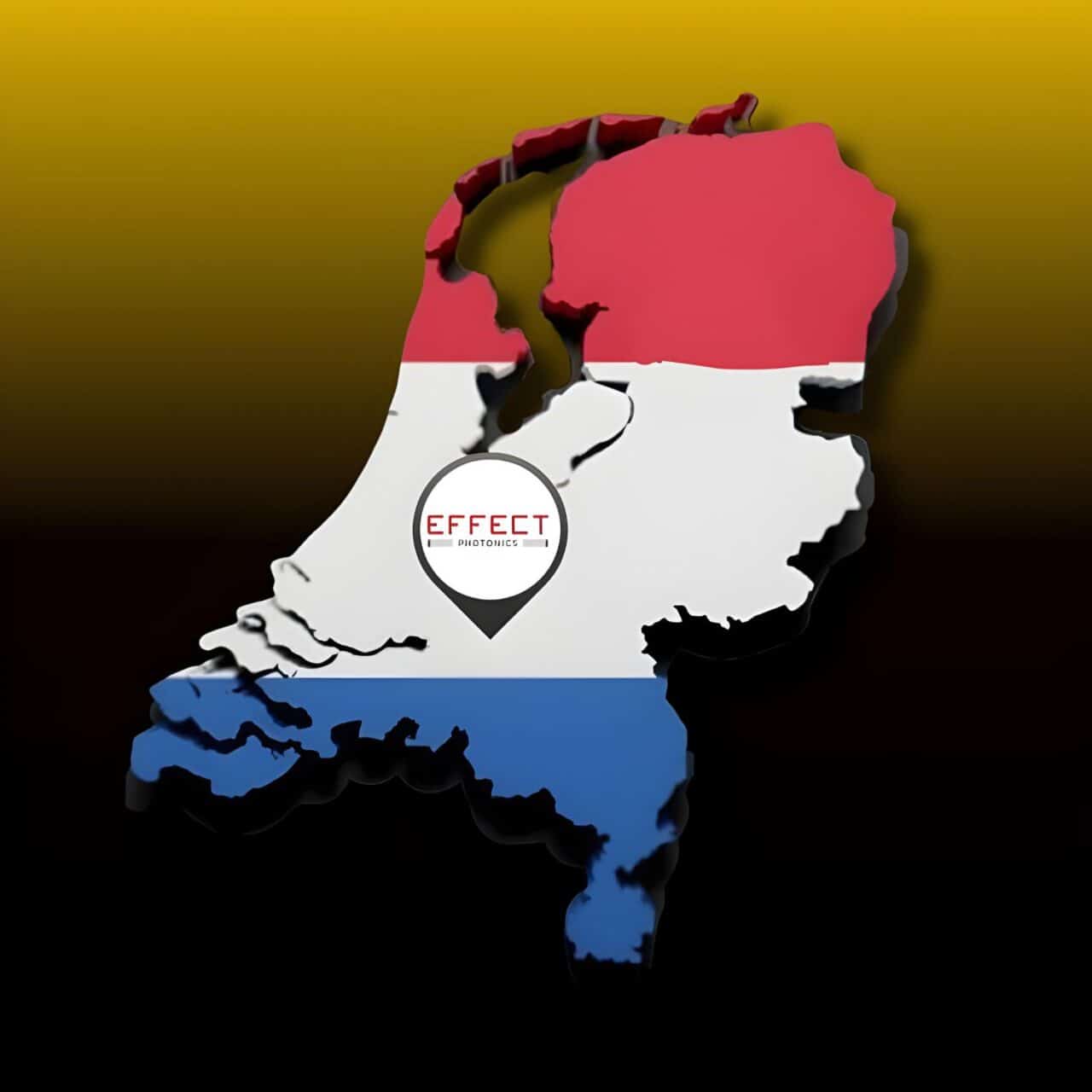 a map of Netherlands on a yellow & black background with Effect Photonics logo presenting company's geo location