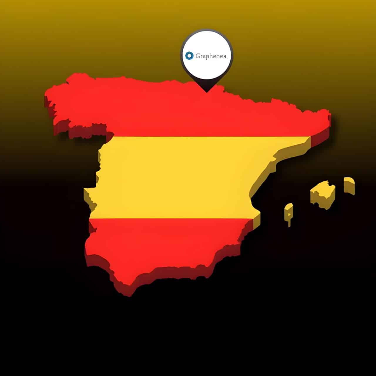 a map of Spain on a yellow & black background with a Graphenea logo presenting company's geo location