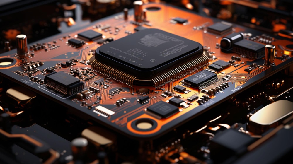 A close-up image of a microchip processor with intricate circuitry and tiny components