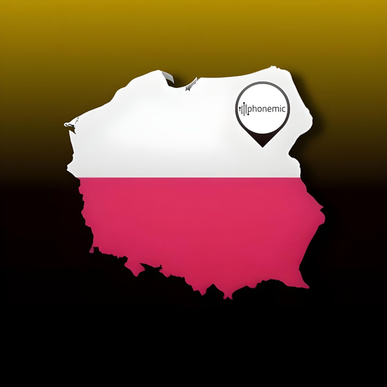 a map of Poland on a yellow & black background with a Phonemic logo presenting company's geo location