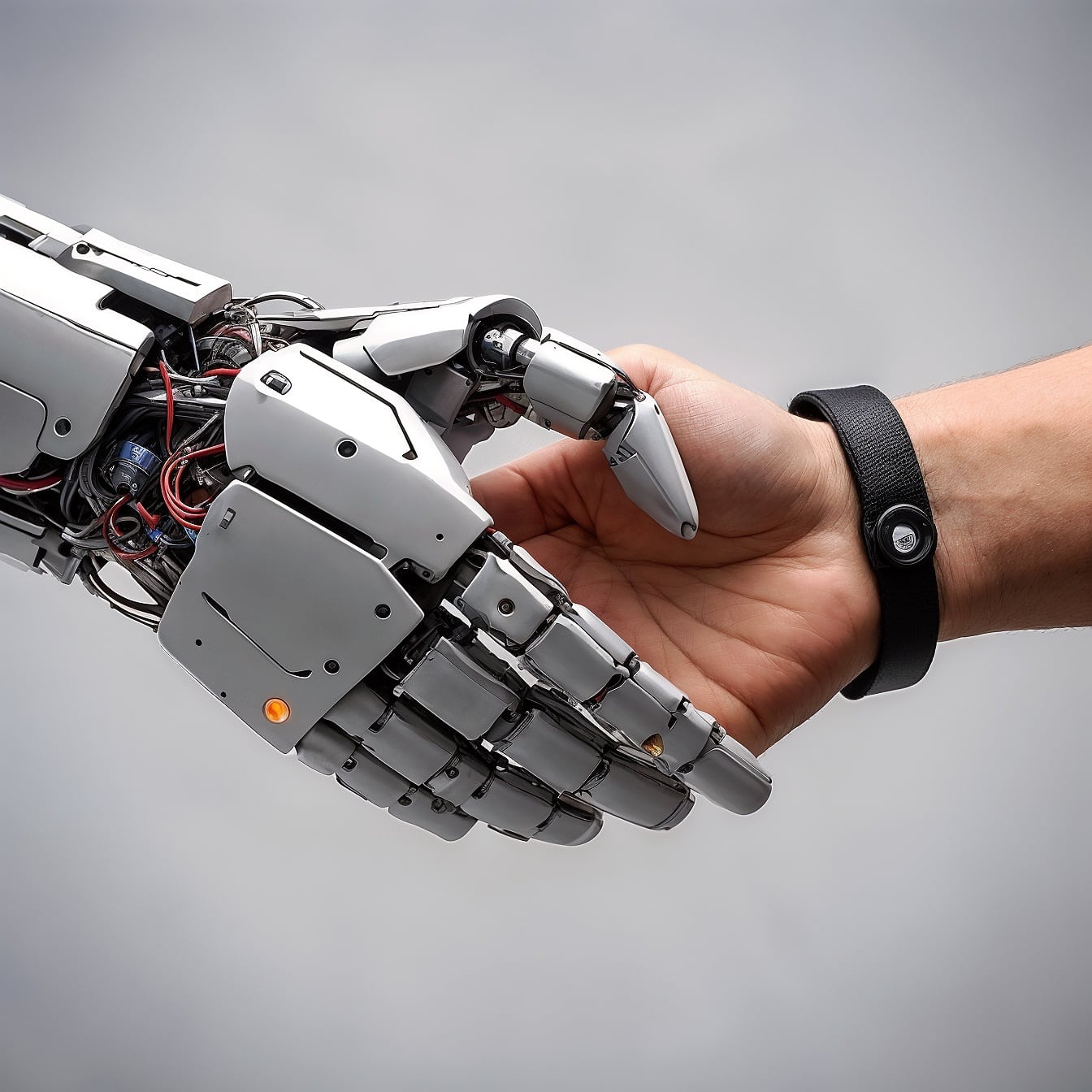 Robotic hand shaking human hand, symbolizing collaboration between man and machine