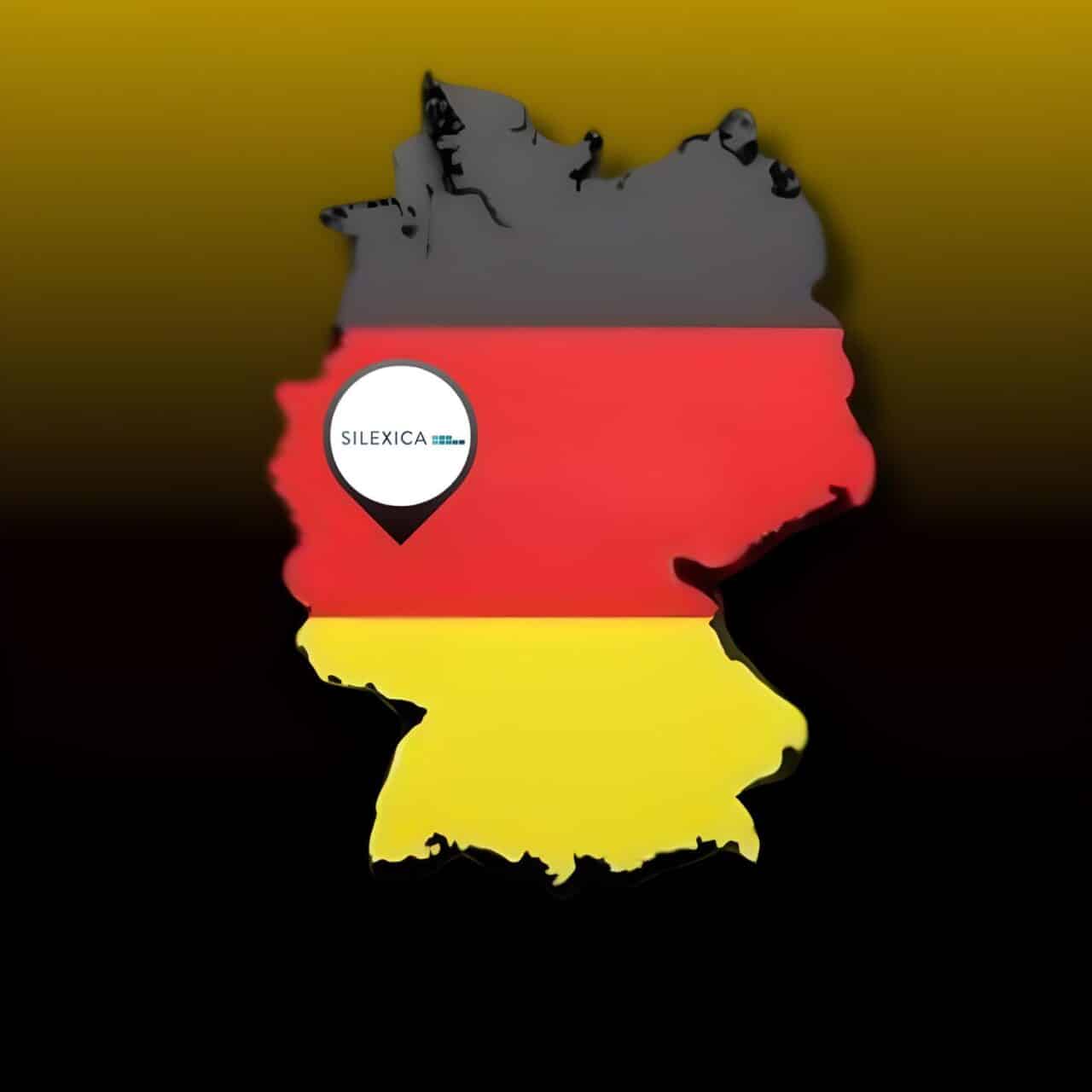 a map of Germany on a yellow & black background with a Silexica logo presenting company's geo location