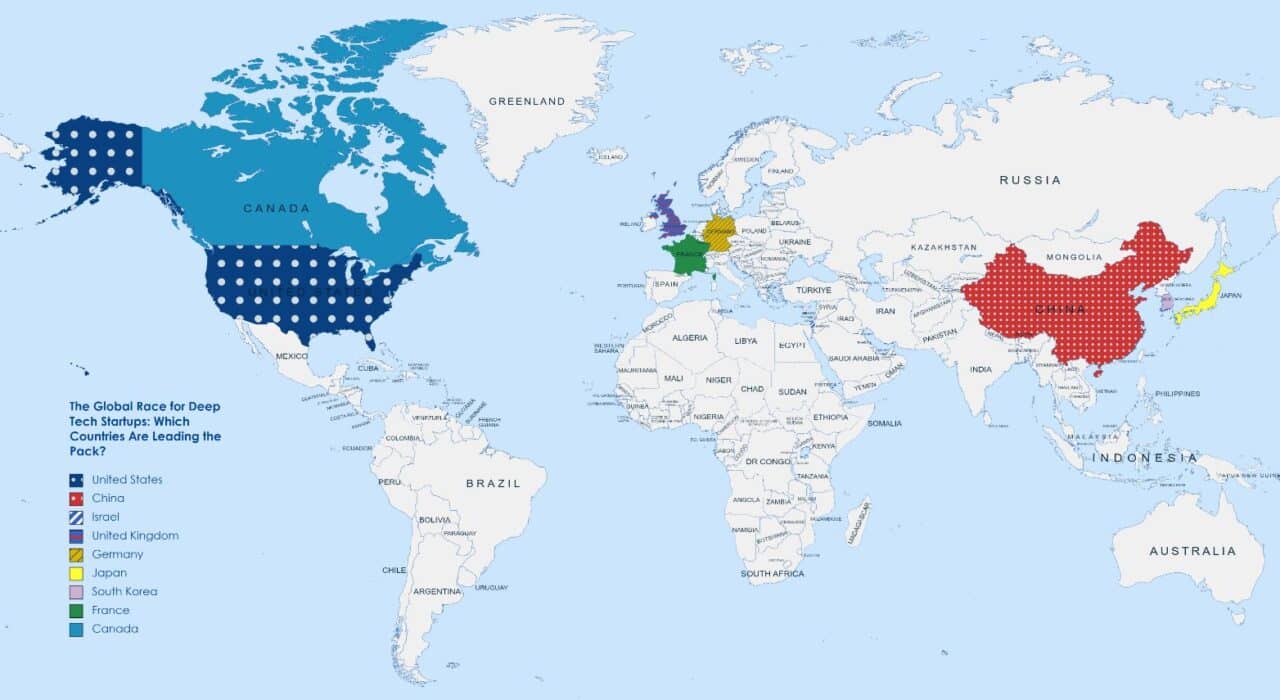 A world map highlighting countries in the global race for deep tech startups